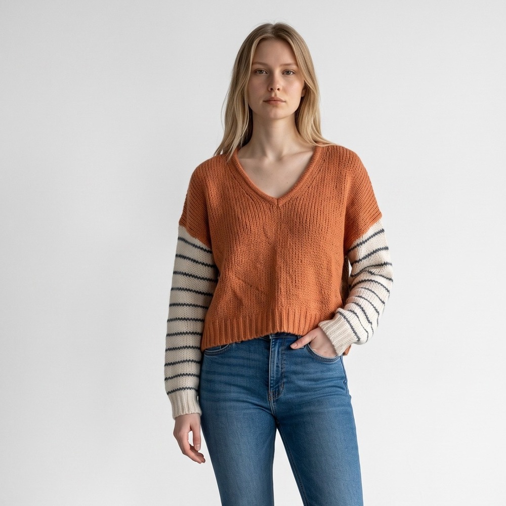 Madewell Balloon sleeve pullover Colorblock sweater Knit rust orange XS